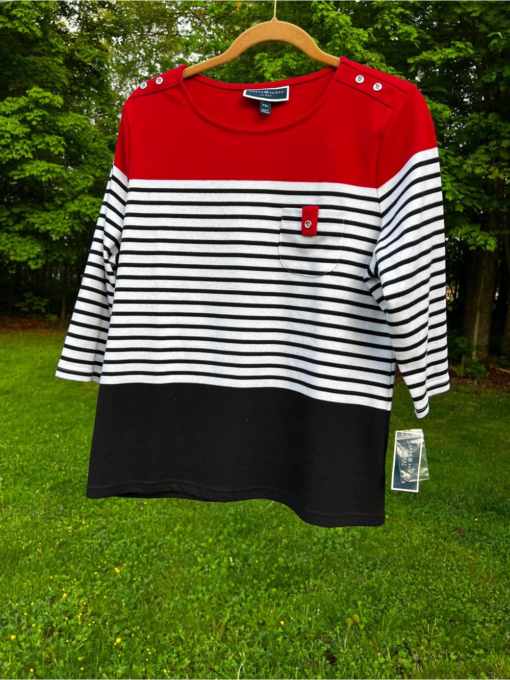 Karen Scott Red, White & Black Striped Button Shoulder Top